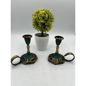 Vintage Brass Green Enamel Shabbat Candlesticks Pair Hebrew Judaica Israel